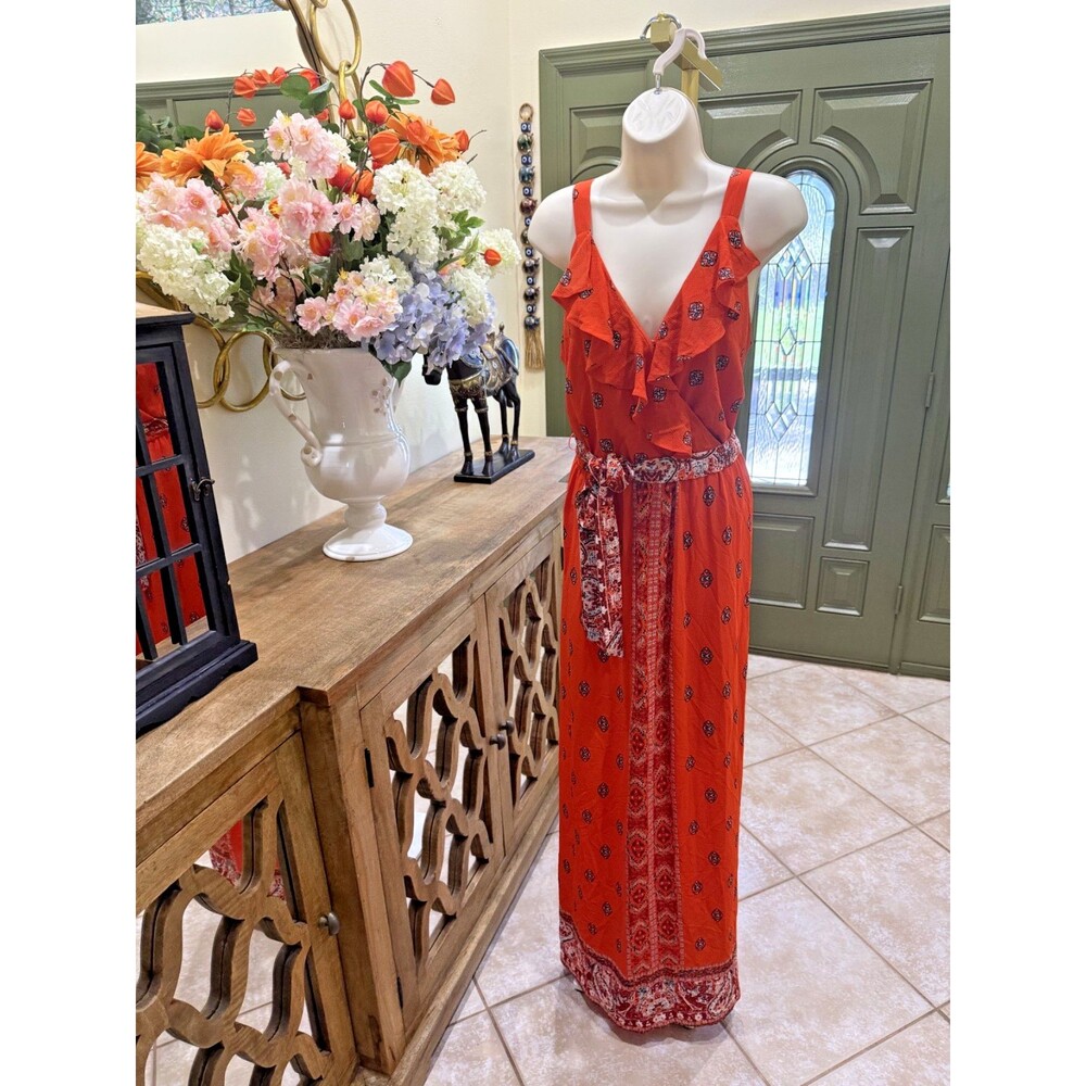 Women's Boho Chic Paisley Floral Maxi Dress Size 10 Orange Coastal Flowy